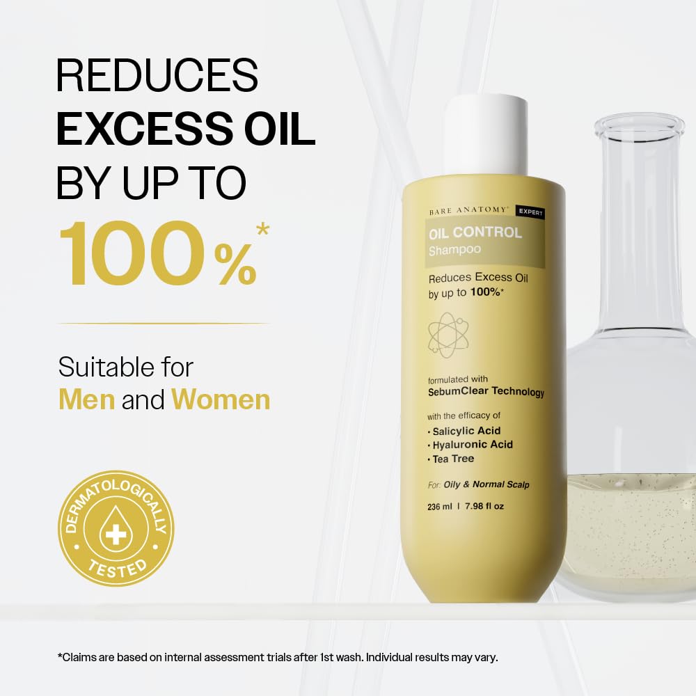 Bare Anatomy Oil Control Shampoo | Sulphate & Paraben Free | Reduces Excess Oil by Up to 100% | Salicylic Acid + Hyaluronic Acid + Tea Tree | Suitable for Oily Scalp & Dry Ends | For Women & Men | 236ml