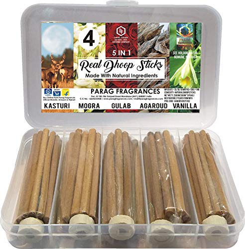 Parag Fragrances Real Dhoop Sticks 250gm Collection No. 4 (Kasturi, Mogra, Gulab, Agaroud and Vanilla) Without Charcoal, Bamboo and Coal