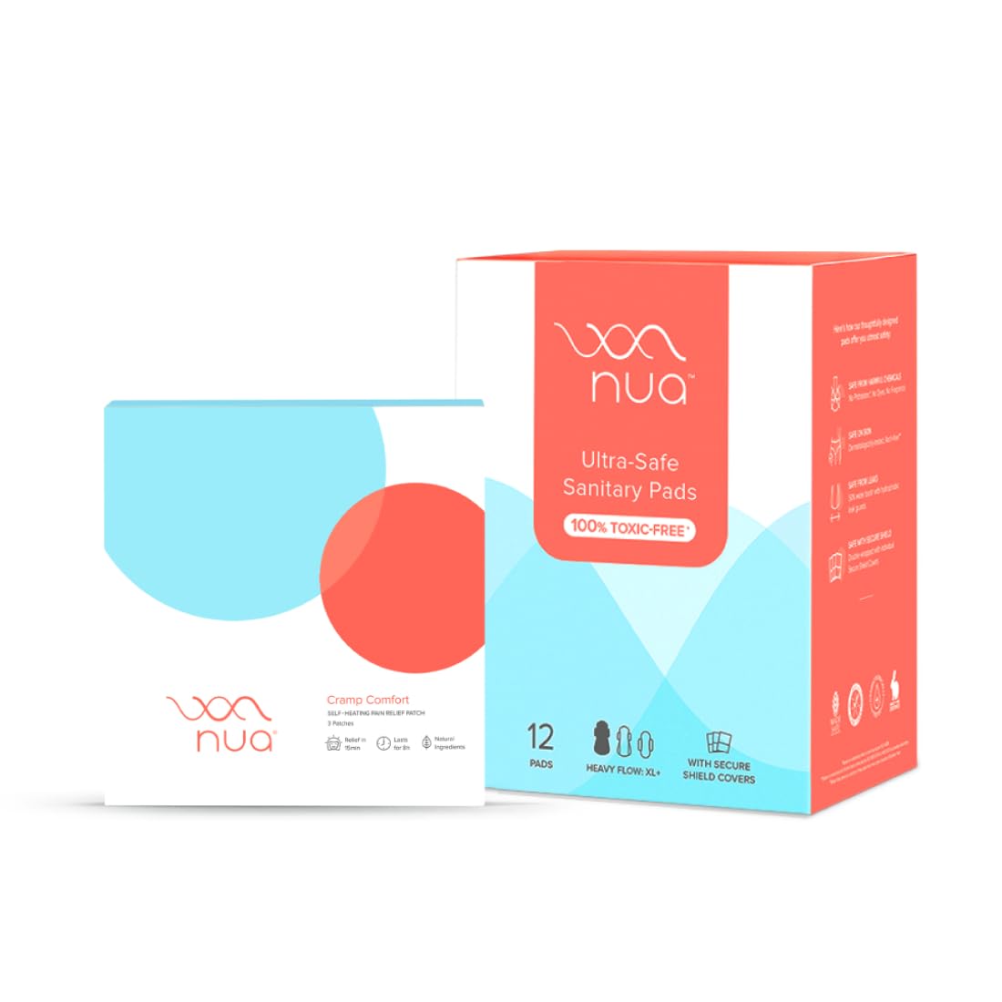 Nua Ultra Thin Rash Free Leak Proof 12 XL Sanitary Pad & Cramp Comfort (3 Heat Patches) Combo | Higher Absorbency | Soft Top layer | Toxic-Free | 8 Hours Pain Relief