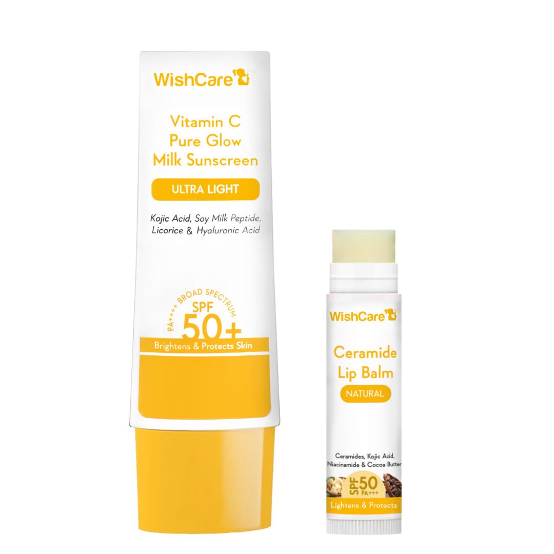 WishCare Vitamin C Pure Glow Milk Sunscreen SPF 50 PA++++ 50g with SPF 50 PA+++ Brightening Lip Balm 5g for Dark Lips with Kojic Acid & Niacinamide for Women & Men