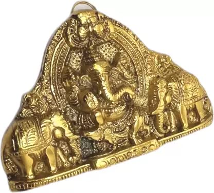 KridayKraft Ganesh Wall Hanging with Elephants for Door Entrance Decorative Showpiece - 12 cm (Aluminium, Gold)