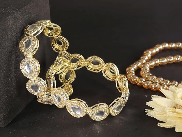 NMII Premium Silver Alloy Metal With Kundan Beads & Zircon Diamond Kada Bangles Set For Women & Girls | Designer Women's Kangan Chudi | Wedding, Party, Everyday, Occasion- Set Of 2 Kada