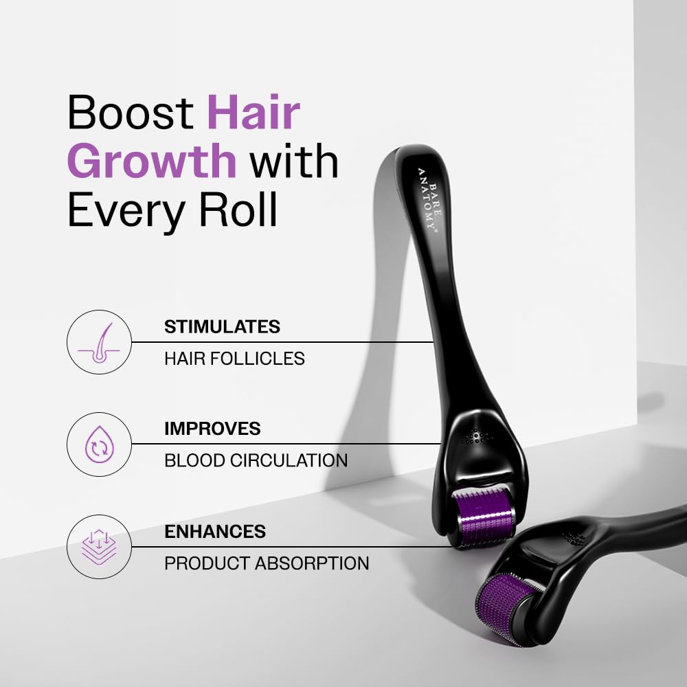 Bare Anatomy Derma Roller for Hair Growth | 0.5 mm with 540 Titanium Micro Needles | Stimulates Hair Follicles & Improves Scalp Circulation