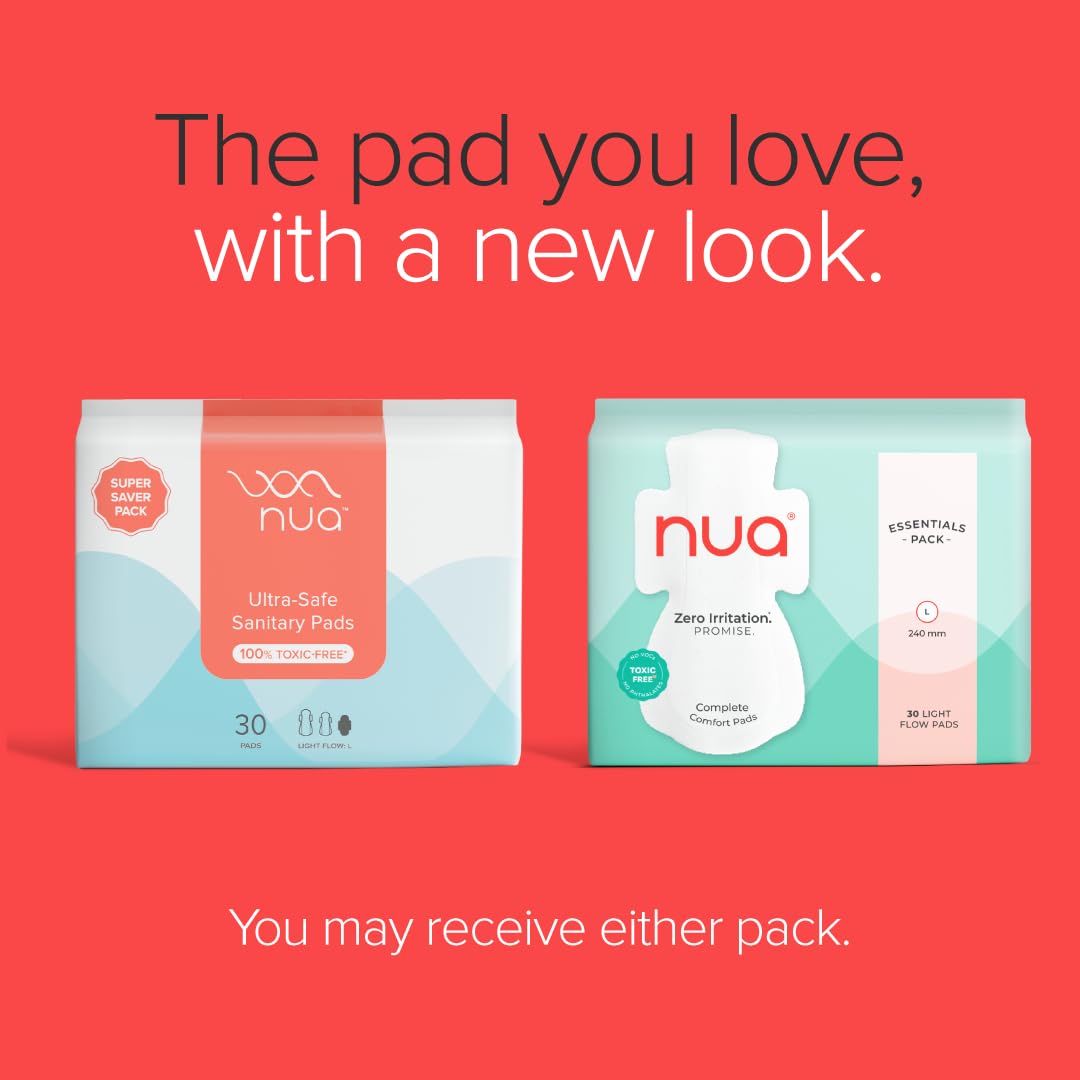 Nua Complete Comfort Sanitary Pads for Women L | Pack of 30 | Light Flow Pads | Super Saver | Zero Irritation Promise | Comfortable All-Day Protection | Ultra-Thin | Super Absorbent | No rashes | 50% Wider Back | 100% Toxic-Free, Dermatologically Tested | Essentials Pack