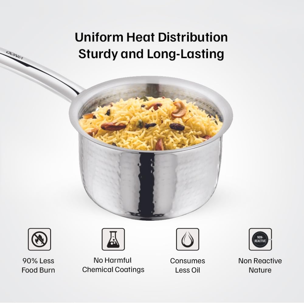 Vinod – Claro Heavy Gauge Stainless Steel Hammered Sauce Pan, 1.5 mm – (18cm)