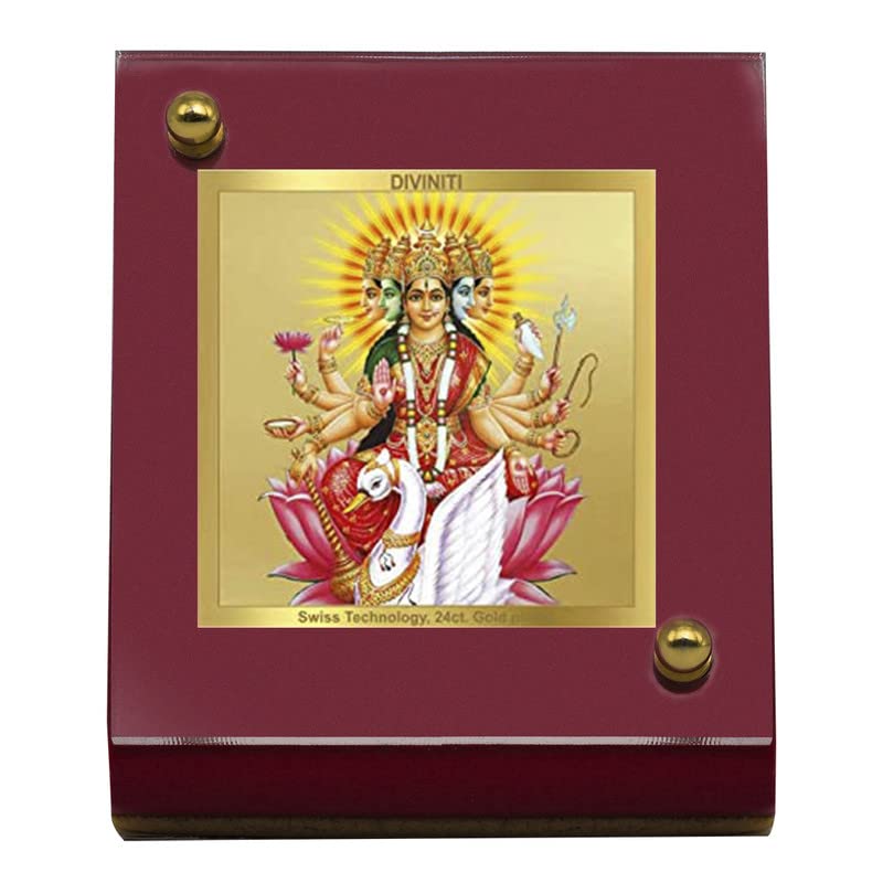 DIVINITI 24K Gold Plated Religious Car Dashboard Frame | Premium God Idol Frame for Car, Home Mandir & Office Table | Spiritual Gift, Decorative Showpiece | Gayatri Mata