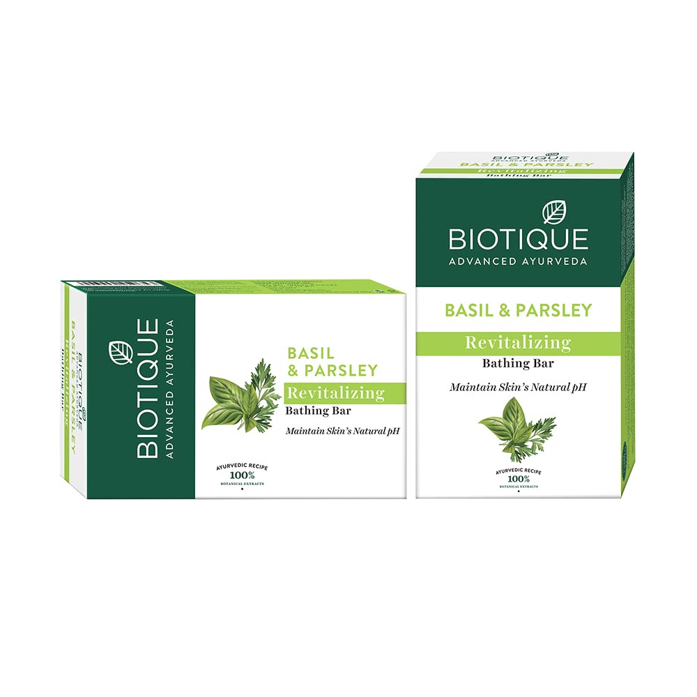 Biotique Basil & Parsley Revitalizing Bathing Bar| Ayurvedic and Organically Pure| Maintains Skin’s Natural pH |100% Botanical Extracts| Suitable for All Skin Types | 75gm