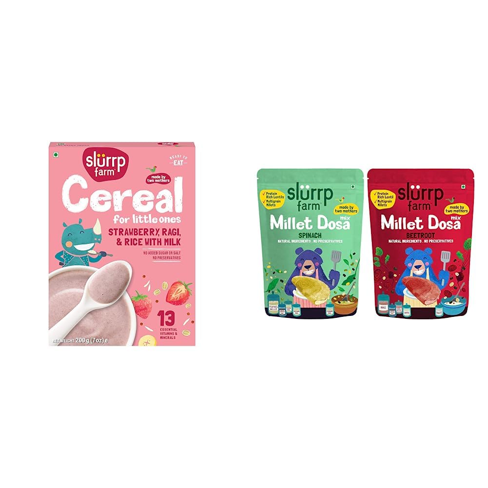 Slurrp Farm Baby Cereal, Ragi, Rice and Strawberry with Milk, Instant Healthy Wholesome Food, 200 g & Millet Dosa Instant Mix, Supergrains Spinach and Beetroot, Natural and Healthy Food, 150