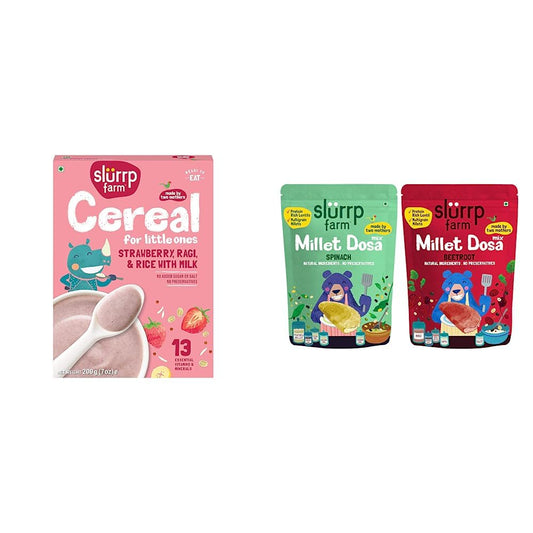 Slurrp Farm Baby Cereal, Ragi, Rice and Strawberry with Milk, Instant Healthy Wholesome Food, 200 g & Millet Dosa Instant Mix, Supergrains Spinach and Beetroot, Natural and Healthy Food, 150