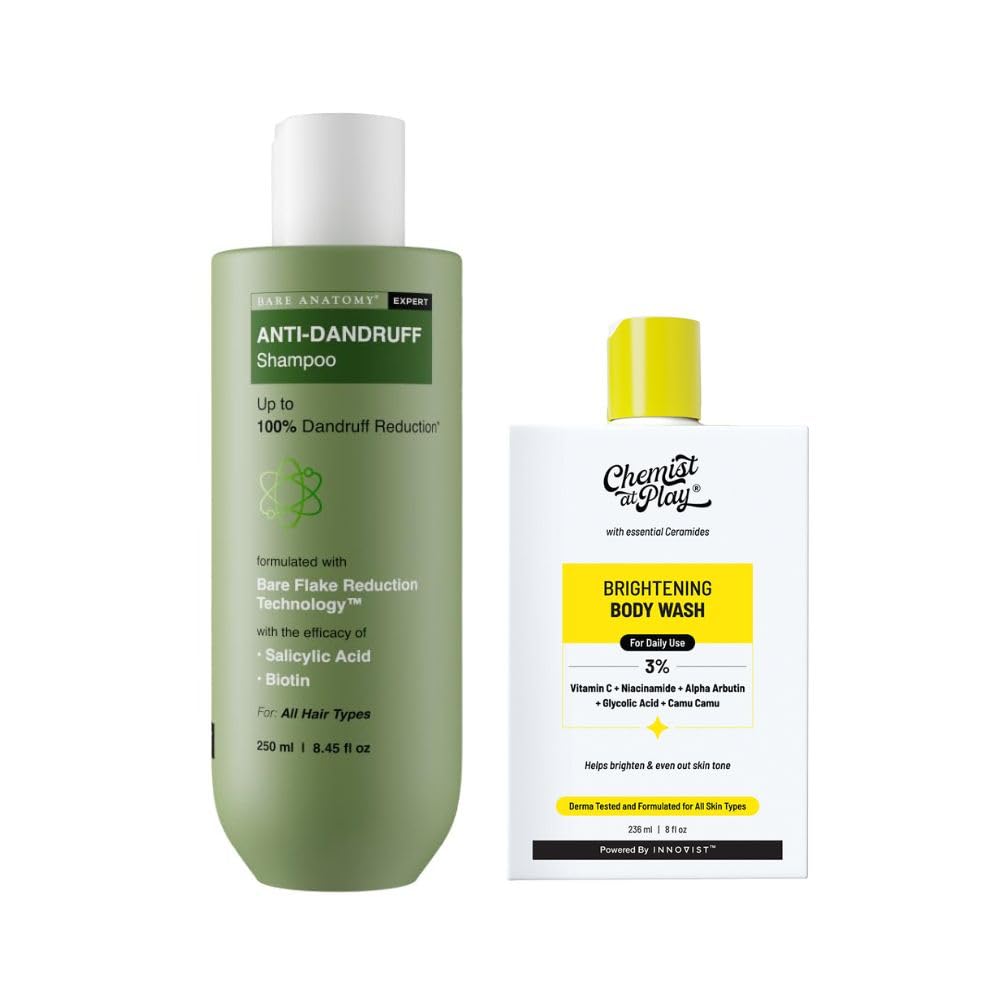 Bare Anatomy Anti Dandruff Shampoo & Chemist At Play Brightening Body Wash Combo | Controls Dandruff, Brightens Skin & Reduces Dark Spots | 250ml + 236ml