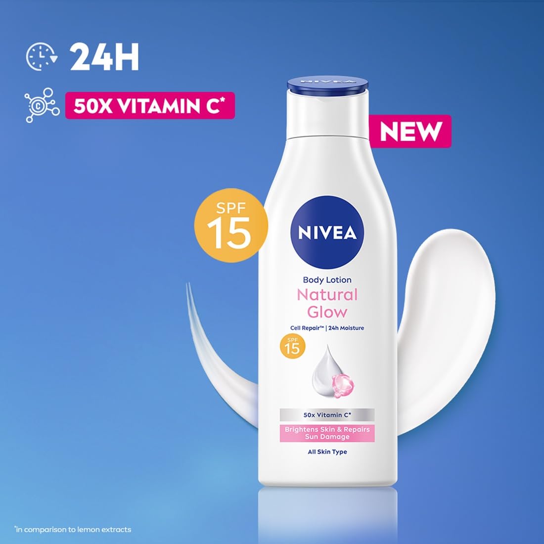 NIVEA Natural Glow Cell Repair 200ml Body Lotion | SPF 15 & 50 X Vitamin C for Summer Protection |With Camu Camu & Acerola Cherry Extracts | Gives Even Toned & Smooth Skin |For All Skin Types (Packaging might vary)