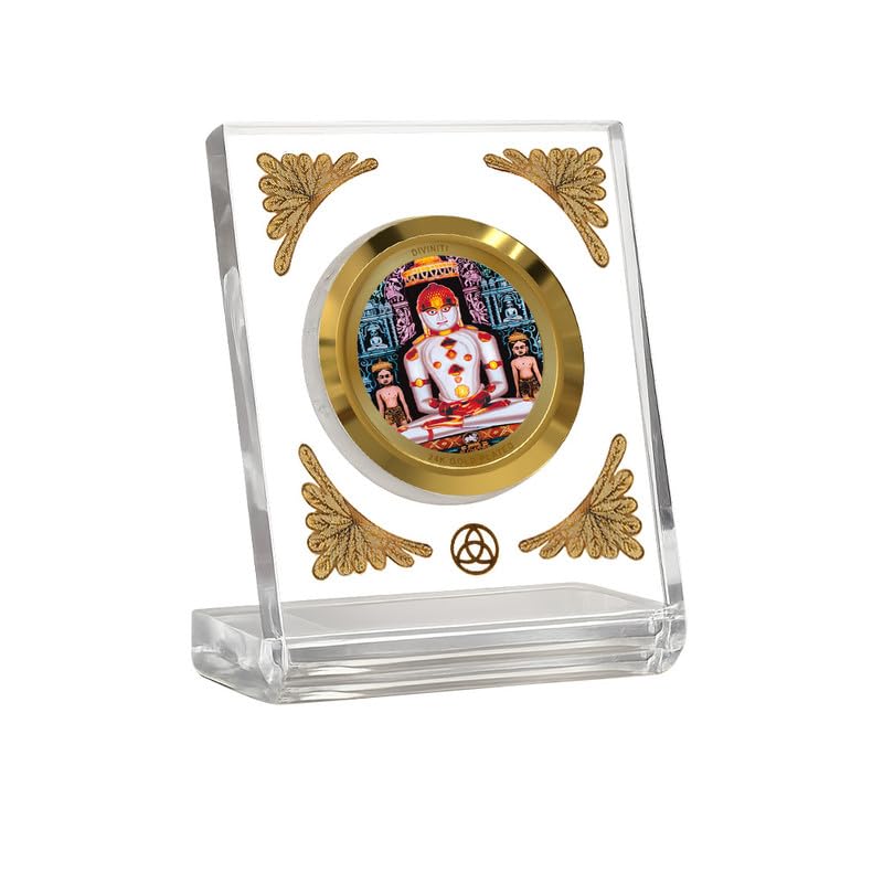 DIVINITI 24K Gold Plated Lord Adinath Acrylic Frame for Car Dashboard, Home Temple & Office Table | Premium Spiritual Gift, Blessings for Protection & Positivity, 8x7 cm Decorative Showpiece