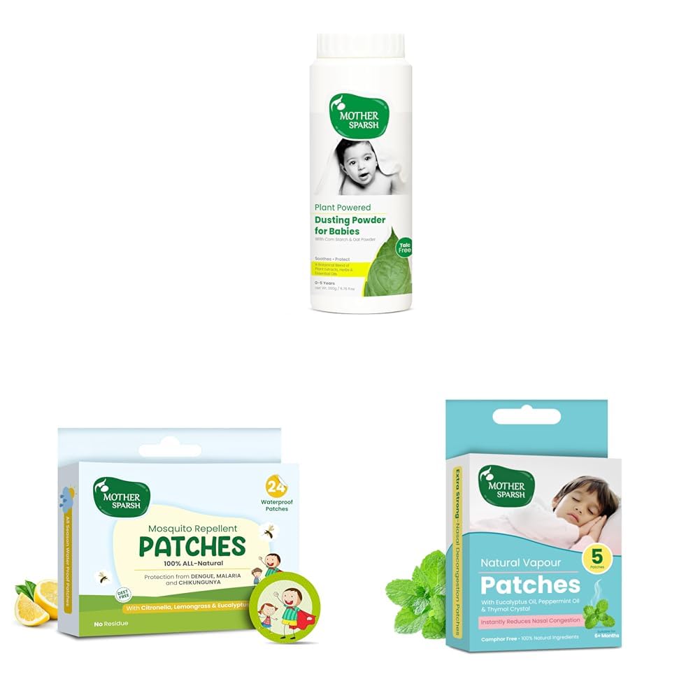 Mother Sparsh Baby Combo – Plant Powered Dusting Powder (200g) + Mosquito Repellent Patches (24 pcs) + Natural Vapour Patches (Pack of 5) – Talc Free, Camphor Free, 12hr+ Protection