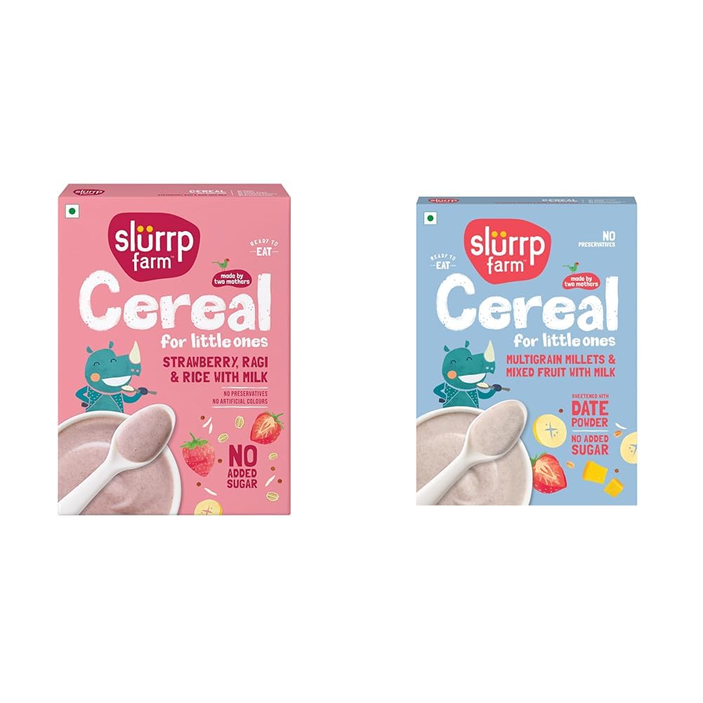 Slurrp Farm Cereal, Ragi, Rice and Strawberry with Milk, Instant Healthy Food, NO Added Sugar, + Slurrp Farm Multigrain Millets and Mixed Fruits with Milk | Mildly Sweetened with Date Powder