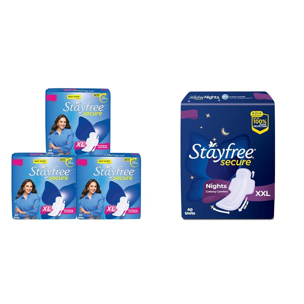 Stayfree Secure xl | Combo packs 120 Pads | Cottony Soft Sanitary Pads for Women | with Leak Lock Technology | Odour Control | Absorbs upto 100% Fluid | Up to 12 Hours of Protection | & Secure Nights