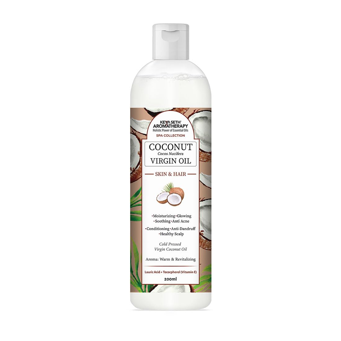 KEYA SETH AROMATHERAPY Virgin Coconut Oil, Skin & Hair, Cold Pressed, Moisturizing Glowing Soothing Nourishment, Rich in Lauric Acid & Vitamin E 200ml