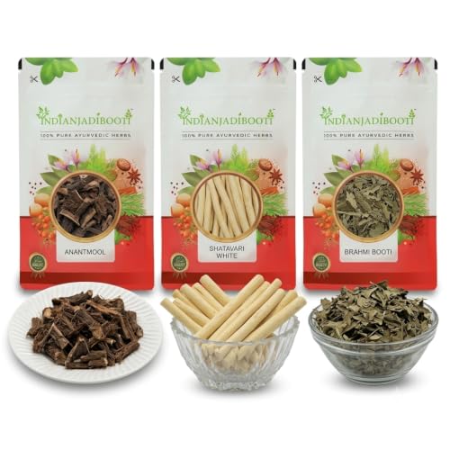 IndianJadiBooti Elite Detox & Focus Bundle: Anantmool, Brahmi Leaves & White Shatavari – For Blood Purification, Cognitive Clarity & Hormonal Balance – 250gm Each