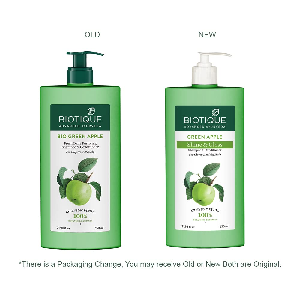 Biotique Green Apple Shine & Gloss Shampoo & Conditioner| Promotes Healthy, Shiny and Glossy Hair | Nourishes Scalp | Makes Hair Soft & Smooth |100% Botanical Extracts| All Skin Types | 650ml
