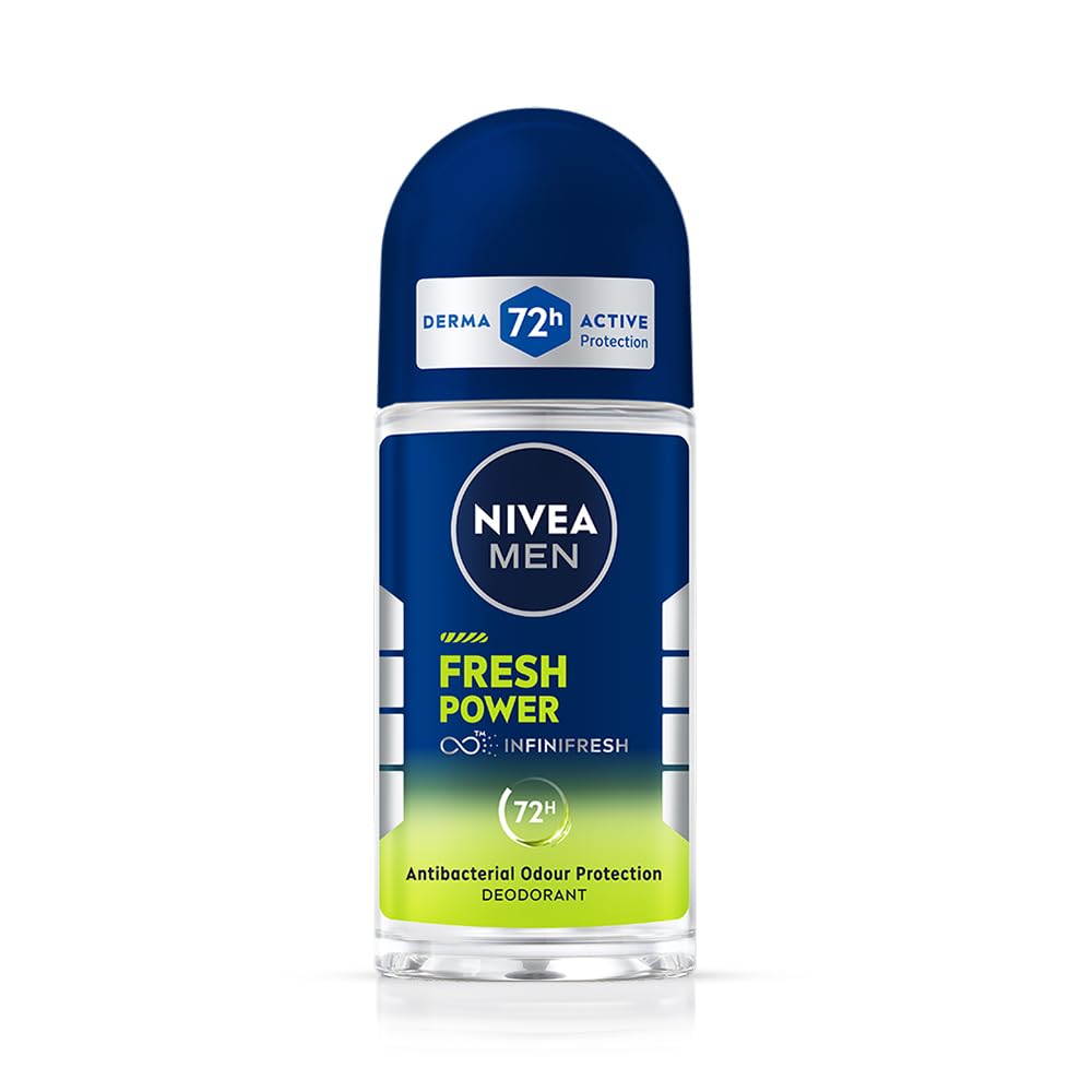 NIVEA Men Fresh Power Underarm Roll-On Deodorant|72 H Long Lasting Freshness|Fights Bacteria And Body Odour|Fresh Musk Fragrance|0% Alcohol|Dermatologically Approved & Paraben Free Formula|50Ml