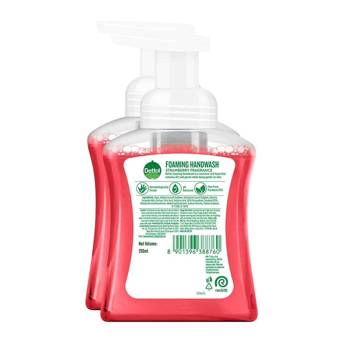 Dettol Foaming Handwash Pump - Strawberry (Pack of 2-250ml each) | Rich Foam | Moisturizing Hand Wash | Soft on Hands