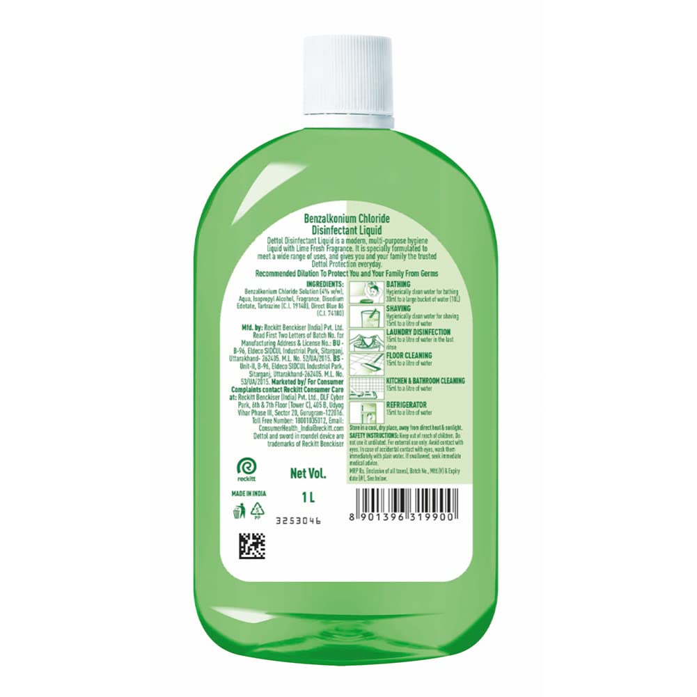 Dettol Liquid Disinfectant for Floor Cleaner, Surface Disinfection, Personal Hygiene (Lime Fresh, 1L) (Pack of 2)