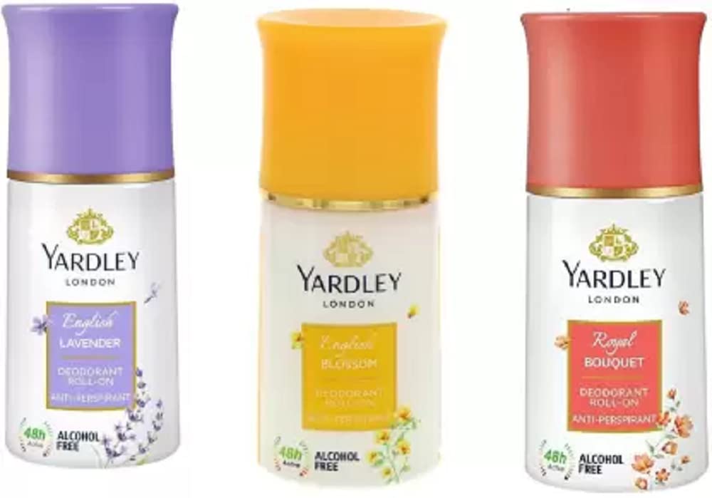Yardley London English Lavender, Royal Bouquet and English Blossom Deodorant Roll-on - For Men & Women (150 ml, Pack of 3)