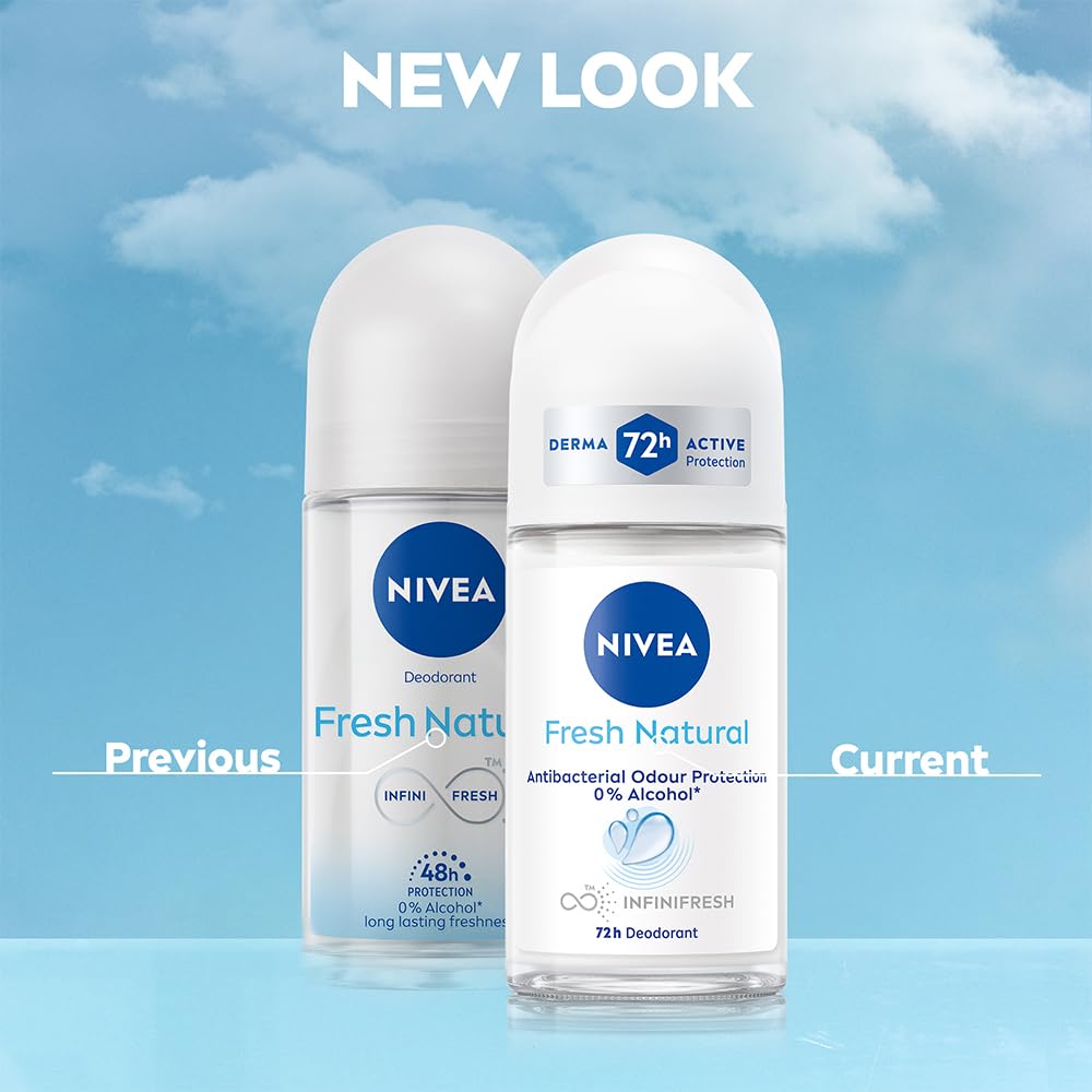 NIVEA Fresh Natural Roll On Deodorant | 72H Long Lasting Freshness | Fights Bacteria and Bad Odour | Mild Soothing Fragrance | With Ocean Extracts | 0% Alcohol | Dermatologically Approved & Paraben Free Formula | 50ml
