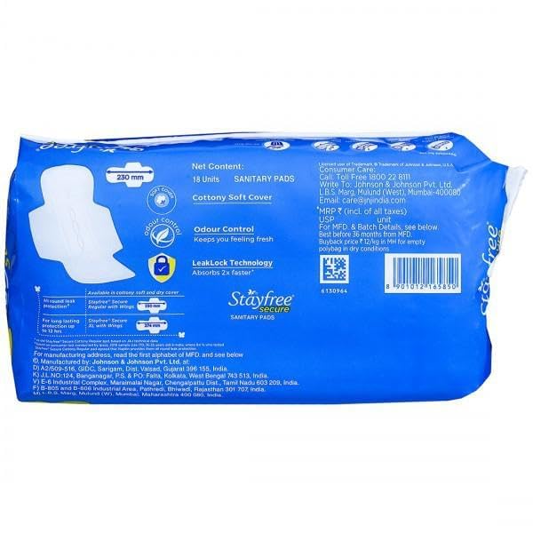 Stayfree Secure Cottony Soft Cover with Wings Sanitary Pads - Regular 18 Count (Pack Of 1)