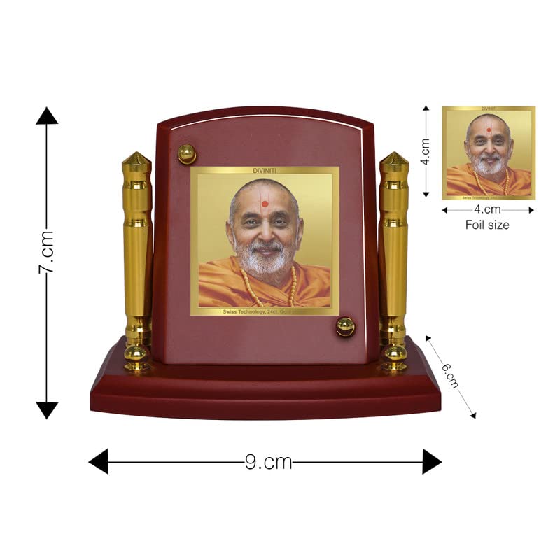 Diviniti Pramukh Swami Photo Frame for Car Dashboard, Table Decor| MDF 1B P+ Classic Pramukh Swami and 24K Gold Plated Foil| Religious Frame Idol for Pooja, Worship, Gifts Items (7 X 9CM)