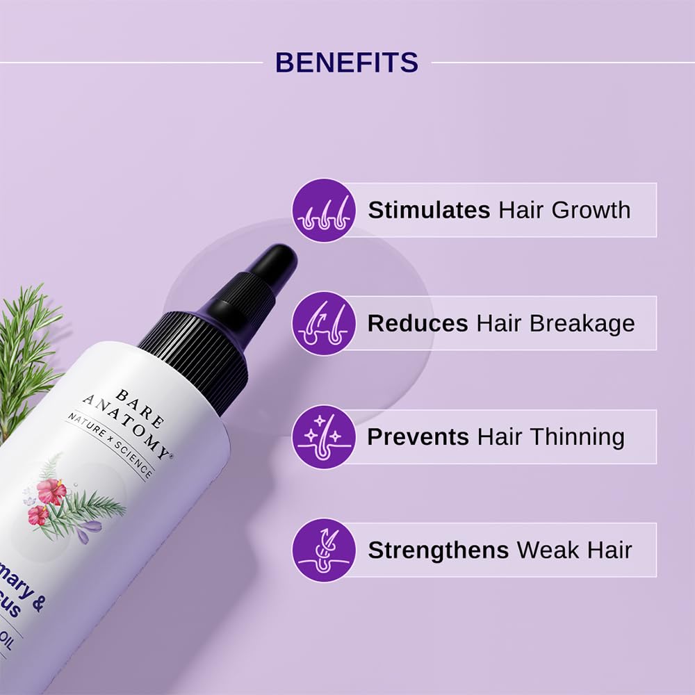 Bare Anatomy Nature x Science Rosemary Hibiscus Hair Growth Oil for Women & Men | Promotes New Hair Growth & Strengthens Hair | Nourishes Scalp & Controls Hair Fall | Suitable for All Hair Types-100ml