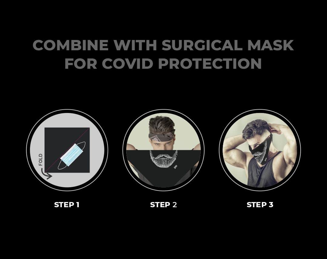 BEARDO Cotton Blend Bandana - Mask Designed For Bearded Male | Universal Fit | Breathable Fabric | Ultra Soft | Stylish | For Bikers And Everyday Use, Black