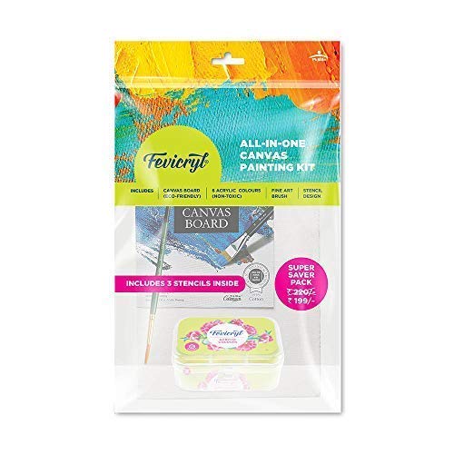 FEVICRYL Canvas KIT with Stencil, AXRYLIC Colours-(Crimson,ULTRAMARNINE Blue,SAP Green,Lemon Yellow,Black, White) Size 4 Round Brush, and Premium Quality Canvas Board 8" 10" INCH