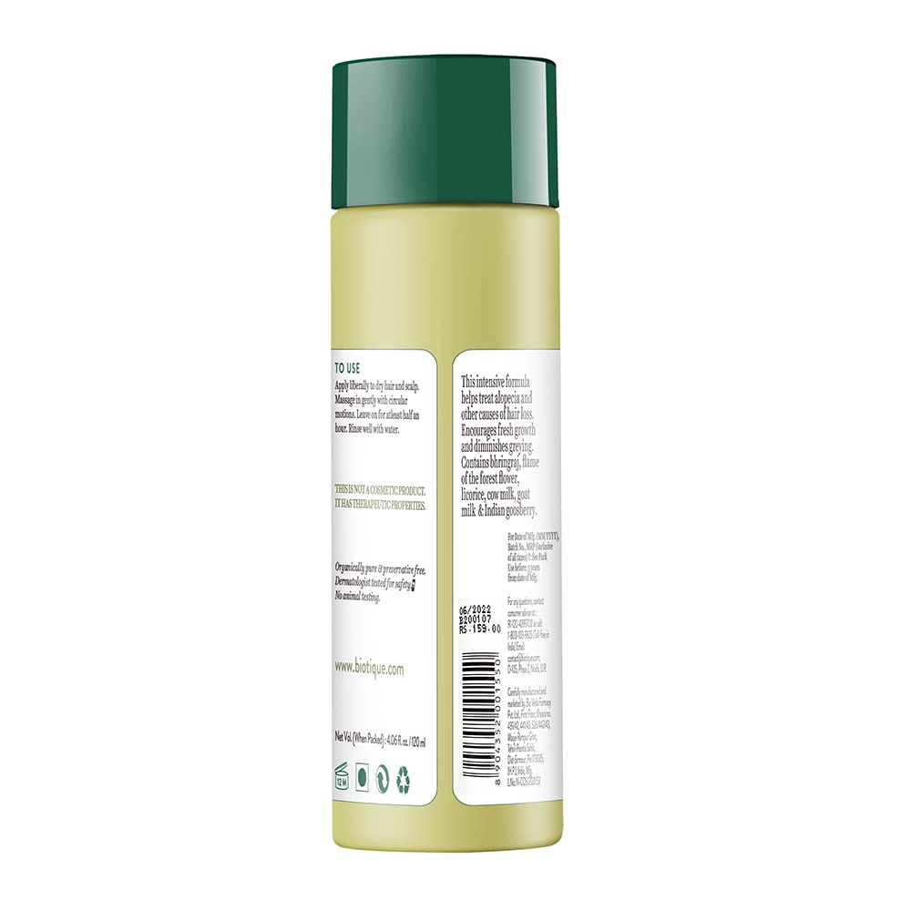 Biotique Bio Bhringraj Therapeutic Oil for Falling Hair | Intensive Hair Regrowth Treatment | Nourishing Follicles| Strong and Shiny| For All Skin Types| 120m