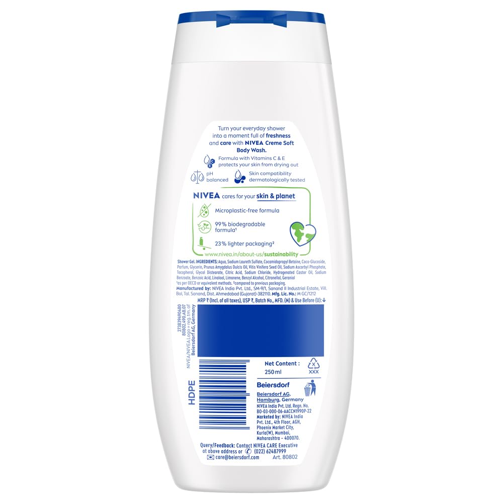 NIVEA Crème Soft 250ml Body Wash| Shower Gel with Natural Almond Oil|Clean, Healthy & Moisturized Skin|Microplastic Free