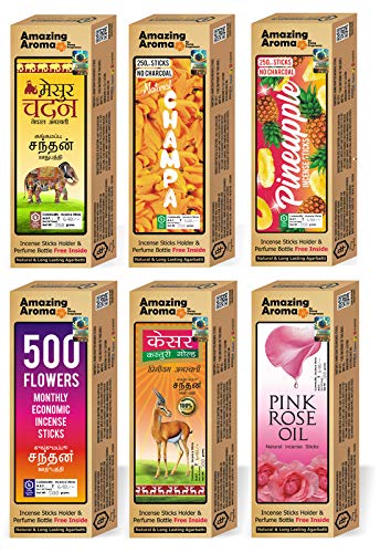 Parag Fragrances 6 Wonders Incense Sticks (Rose, Mogra, Chandan, Lavender, Tulip & Lotus) / 325gm Agarbatti with 2pc Perfumes and 1pc Incense Holder/Natural Fragrance & No Charcoal