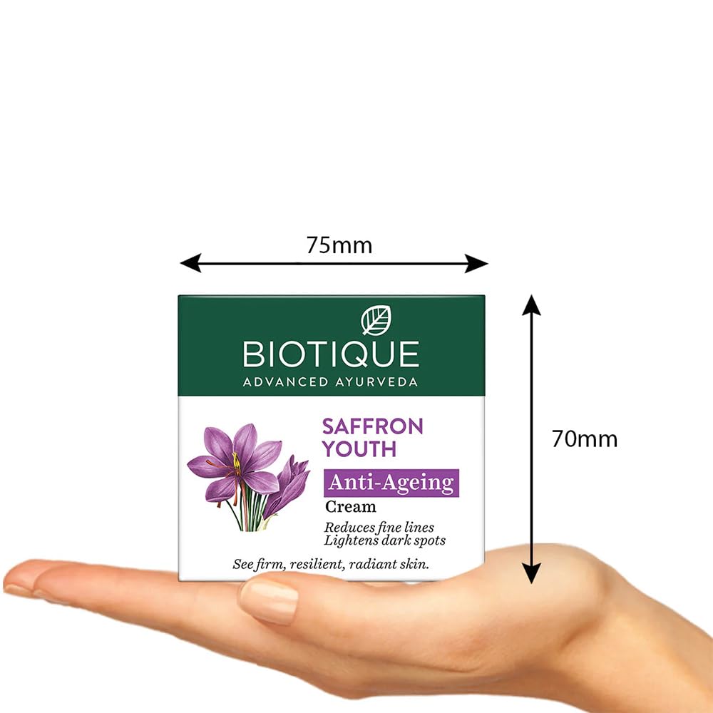 Biotique Saffron Youth Anti-Ageing Cream l 100% Pure Botanical Extracts l Anti-ageing cream for wrinkles and dark lines l Reduces dry lines and Regenerates Skin Youthfulness l All Skin Types l 175gm