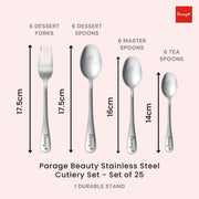 Parage 25 Pieces Beauty Premium Stainless Steel Cutlery Set for Home & Kitchen (Contains: 6 Table Spoons, 6 Forks, 6 Tea Spoons, 6 Dinner Spoons, 1 Stand), Spoon Set, Dining Tableware Fancy- Silver