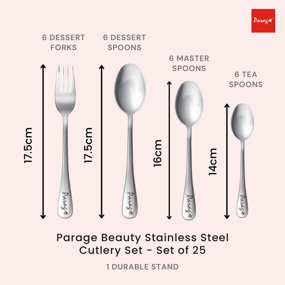 Parage 25 Pieces Beauty Premium Stainless Steel Cutlery Set for Home & Kitchen (Contains: 6 Table Spoons, 6 Forks, 6 Tea Spoons, 6 Dinner Spoons, 1 Stand), Spoon Set, Dining Tableware Fancy- Silver