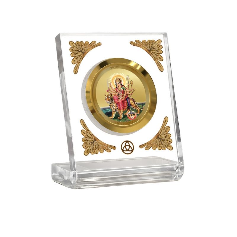 DIVINITI 24K Gold Plated Goddess Durga with Pind Acrylic Frame for Car Dashboard, Home Temple & Office Table|Premium Spiritual Gift, Blessings for Protection & Positivity, 8x7 cm Decorative Showpiece