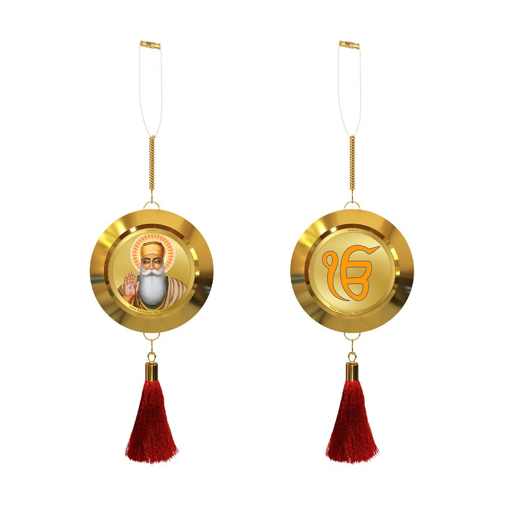 Diviniti 24K Gold Plated Guru Nanak Dev Ji Car Hanging with Ek Onkar Symbol | Double Sided Sikh Religious Hanging for Home Entrance, Car Dashboard, Mandir & Spiritual Gift Item