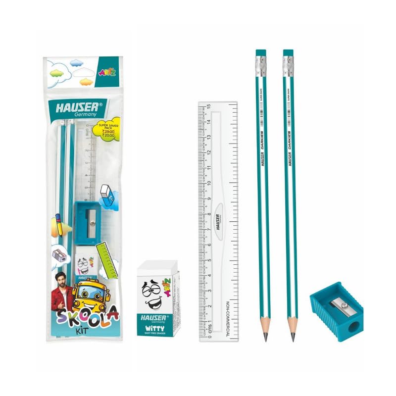 Hauser Germany Skoola Mini Stationery Kit | All-in-One Stationery Solution for School, Office & College | Includes Pencil, Scale, Eraser & Sharpener | Ideal for Return Gifting | Pack of 10