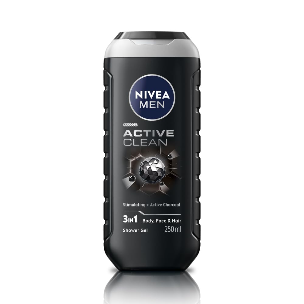 NIVEA Men Body Wash, Active Clean with Active Charcoal, Shower Gel for Body, Face & Hair, 250 ml