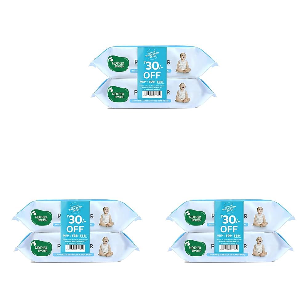 Mother Sparsh 99% Pure Water (Unscented) Baby Wipes with Lid I Natural Plant made cloth - Super thick Wet Wipes I 72 pcs/pack - Pack of 6 (Super Saver Pack)