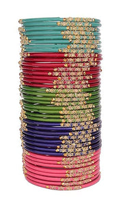 NMII Beautiful & Fashionable Glossy Glass Bangle Set Studded with Zircon & Beads for Women & Girls on Wedding & Festive Occasions (Pack of 40)