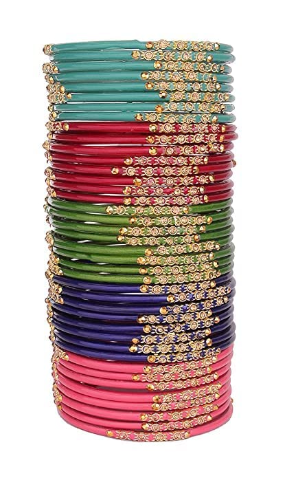 NMII Beautiful & Fashionable Glossy Glass Bangle Set Studded with Zircon & Beads for Women & Girls on Wedding & Festive Occasions (Pack of 40)
