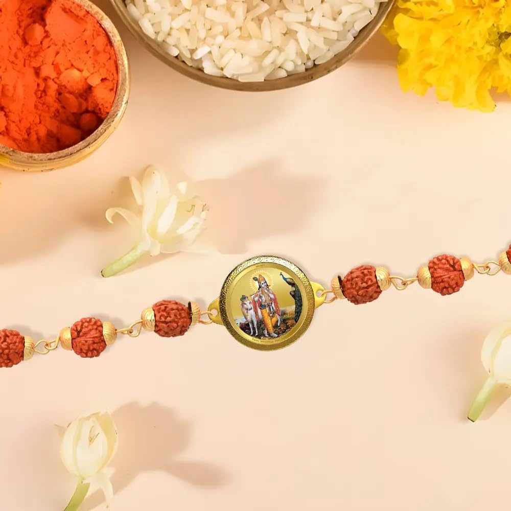 Diviniti krishna with Surbhi Cow Rudraksha Rakhi with 24K Gold Plated Foil Divine Raksha Bandhan Gift