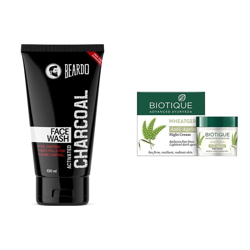 Beardo Activated Charcoal Acne Oil and Pollution Control Face Wash, 100ml and Biotique Bio Wheat Germ FIRMING FACE and BODY NIGHT CREAM For Normal To Dry Skin, 50G