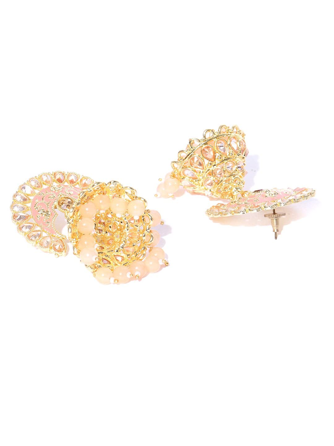 Priyaasi Gold-Plated Stones Studded Jhumka Earrings in Pink Color with Beads Drop, One Size (EAR-PR-50133)