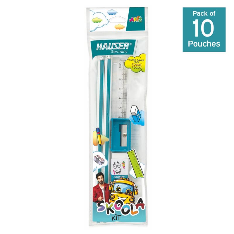 Hauser Germany Skoola Mini Stationery Kit | All-in-One Stationery Solution for School, Office & College | Includes Pencil, Scale, Eraser & Sharpener | Ideal for Return Gifting | Pack of 10