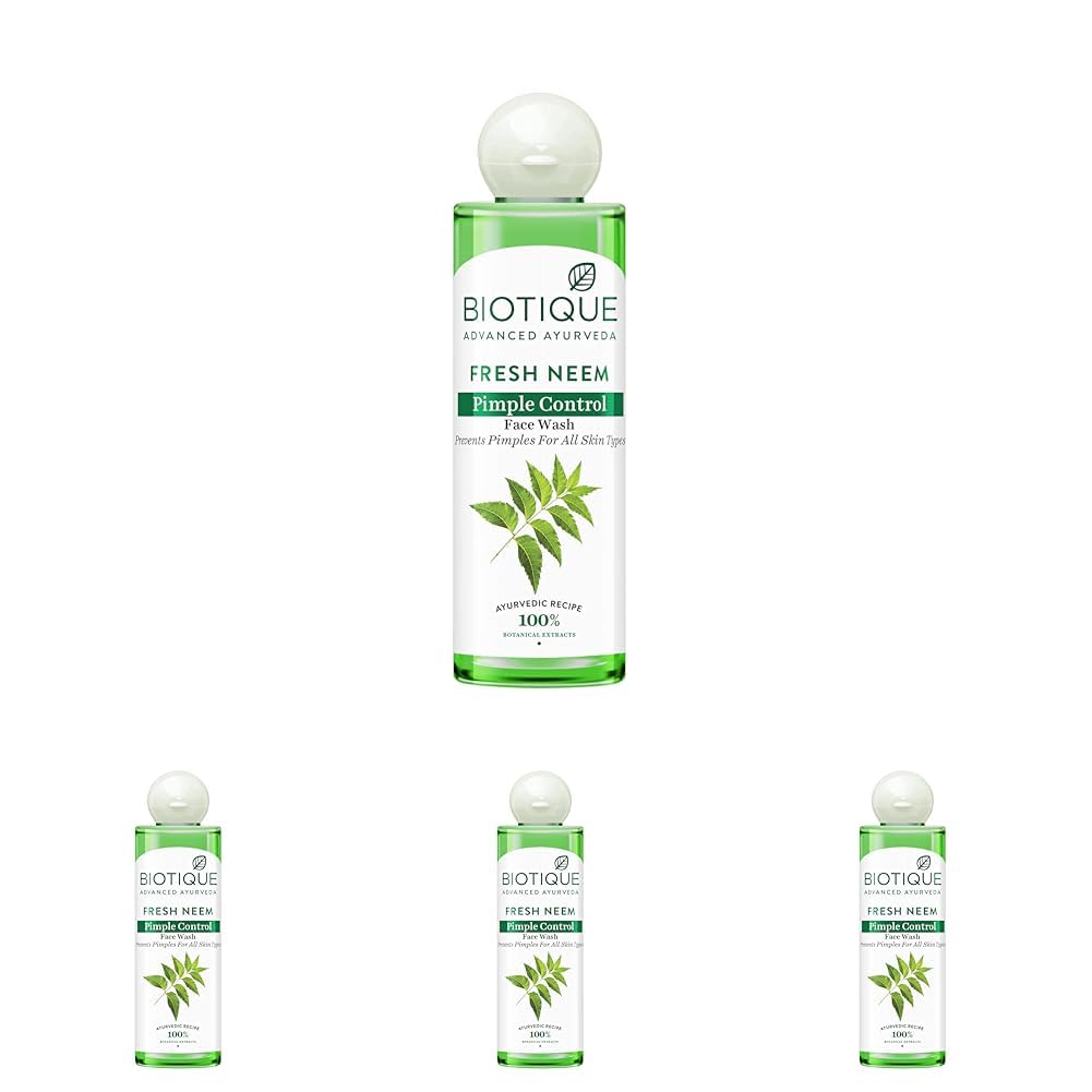 Biotique Fresh Neem Pimple Control Face Wash| Ayurvedic and Organically Pure| Prevents Pimples |100% Botanical Extracts| Suitable for All Skin Types | 200mL (Pack of 4)